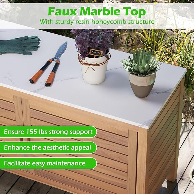 Goplus Patio Storage Cabinet, 2-Door Acacia Wood Storage Container with Faux Marble Top, Outdoor Wooden Sideboard for Deck, Garden, Lawn and Backyard-Ruum Studio Home