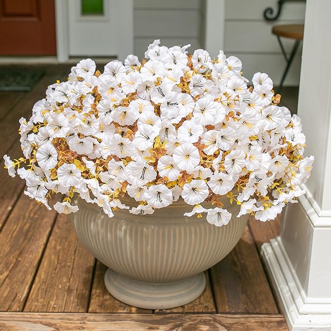 Fake Mums Artificial Fall Flowers Fake Plants for Outdoors Autumn Decor, 12 Bundles White Silk Morning Glory with Eucalyptus Look Real UV Resistant Faux Flowers for Outside Planters Front Door Yard-Ruum Studio Home