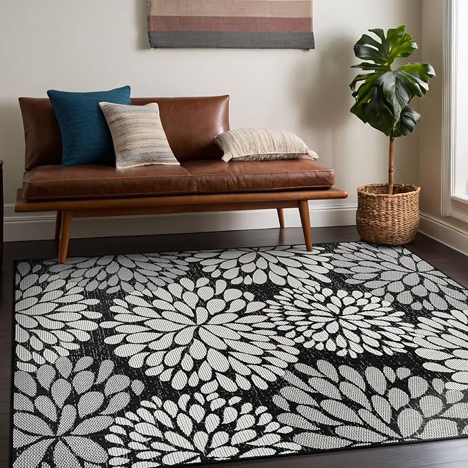 Beverly Rug Outdoor Rug 8x10 Modern Exotic Tropical Leaf Area Rugs for Indoor and Outdoor Patio Deck Porch Garden Water Resistant Washable Outside Carpet (8 x 10 Dark Gray)-Ruum Studio Home