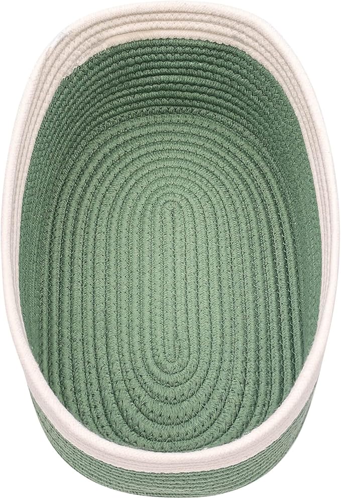 Shelf Storage Baskets for Organizing|Cute Basket for Closet&Blanket Storage|Small Woven Baskets to Store Toys,Books,etc.-13x8.66x5.11’’ Cotton Rope,Stylish,Oval 3 Packs Off White&Green-Ruum Studio Home