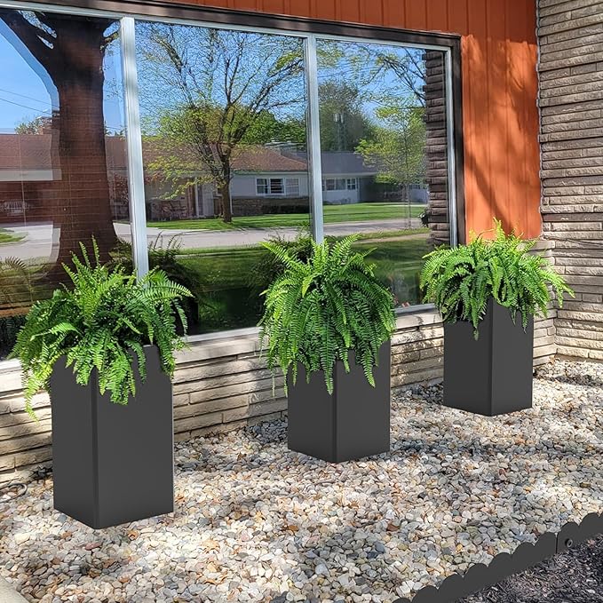 Modern Metal Planter Black – 28” Tall with Removable Insert Shelf | Heavy-Duty Outdoor & Indoor Planter Box for Patio, Porch, Garden (14x14x28in)-Ruum Studio Home
