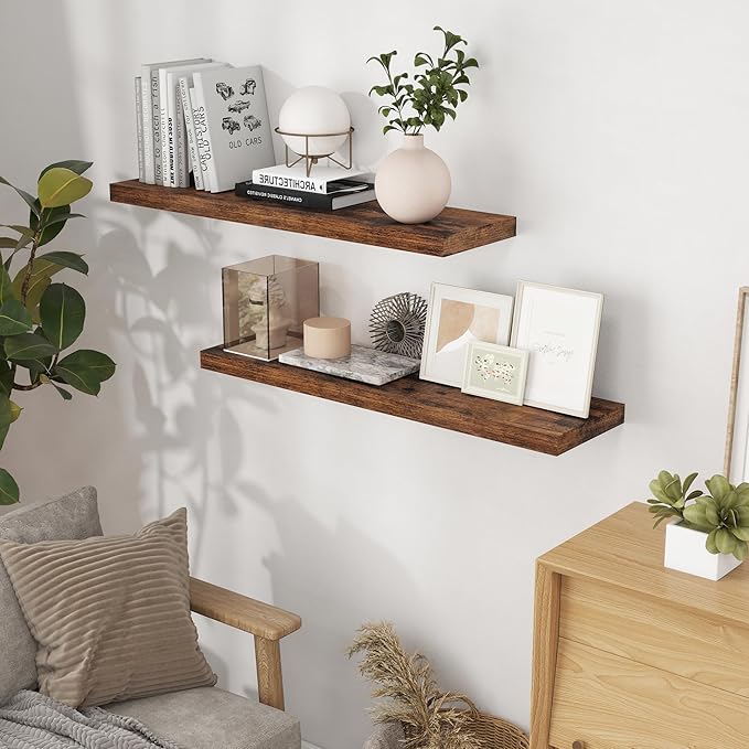 40 Inch Floating Shelvese, 40" W x 9" D Floating Shelf Set of 2, Farmhouse Wood Wall Shelves for Bedroom, Kitchen, Wall Mounted Deep Shelving for Home Decor, Rustic Brown Color-Ruum Studio Home