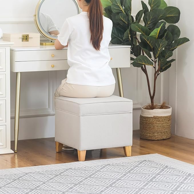 Adeco 17.5" Square Fabric Ottoman with Storage - Upholstered Cotton Linen Foot Rest - Flip Top Footstool with Sturdy Wood Legs, Small Cube Coffee Table Extra Seat for Living Room, Bedroom, White-Ruum Studio Home