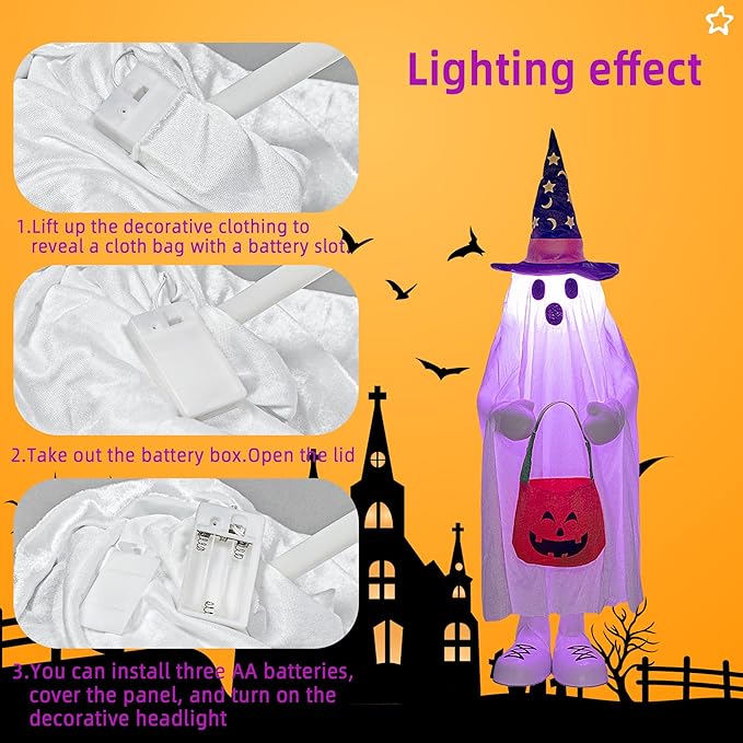 37" Cute Front Porch Light Up Halloween Ghost Décor, Kids Standing Trick or Treat Indoor and Outdoor Decorations-Star Moon-Ruum Studio Home
