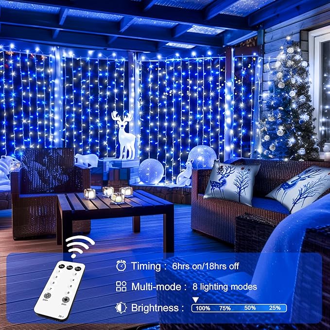 JMEXSUSS 300LED Christmas Curtain Lights Plug in with Remote, Blue and White Christmas Lights Indoor Outdoor, 8 Modes Hanging Fairy String Lights for Bedroom Window Wall Yard Patio Decor, 9.8x9.8ft-Ruum Studio Home