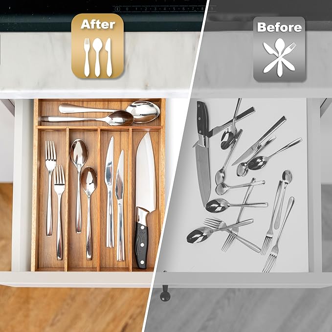 Silverware Organizer Kitchen Drawer Organizer Utensil Organizer Acacia Silverware Holder Cutlery Organizer in Drawer Flatware Organizer Tray(5 slots, Acacia-Ruum Studio Home