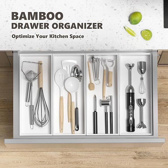 Kitchen Drawer Organizer Bins, Stackable Deep Bamboo Drawer Organizer for Silverware, Utensils, Cutlery, Flatware, Junk, Dresser, Bathroom, 15" x 6" x 2.5" (Set of 2)-Ruum Studio Home
