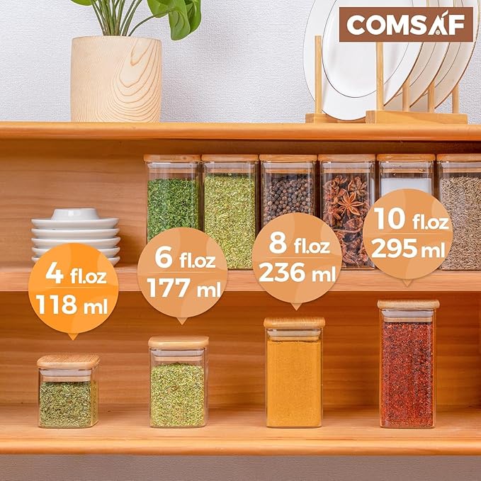ComSaf Spice Jars with Labels 4 oz 6Pack, Small Spice Containers Starter Set, Glass Seasoning Jars with Lids, Square Seasoning Containers for Salt, Pepper, Chili Powder, Sugar, Ginger Ground, Cumin-Ruum Studio Home