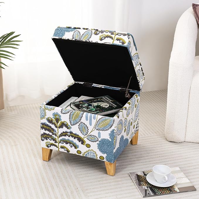 Adeco 18 Inch High Cube Ottoman Storage, Linen Chair Foot Stools, Upholstered Vanity Stool with Hinged Lid, Solid Wood Legs (Blue Leaves)-Ruum Studio Home