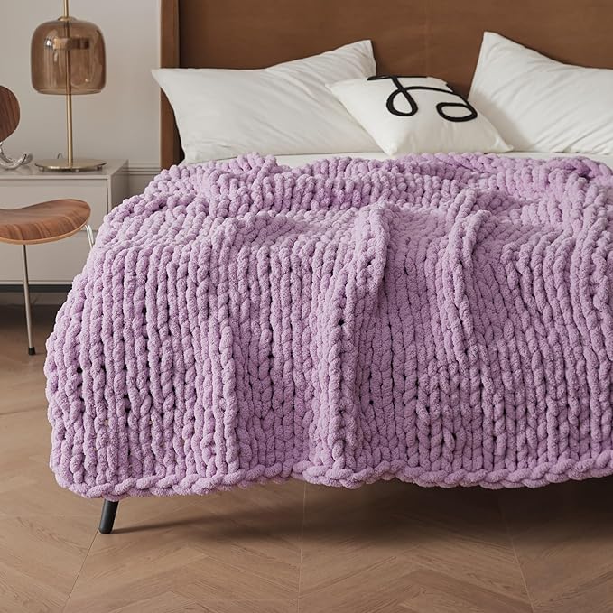 WESHIONGOO Chunky Knit Blanket Throw 50"×60" Knitted Throw Blankets for Couch Bed Fluffy Soft Blanket with Jumbo Chenille Yarn Thick 100% Handmade(Lilac)-Ruum Studio Home
