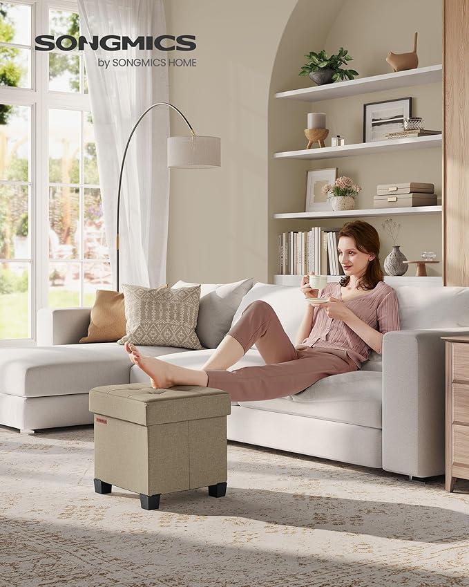 SONGMICS Storage Ottoman, Small Ottoman Foot Rest with Legs, 15 x 15 x 15.7 Inches Foot Stool, Load up to 660 lb, for Living Room, Bedroom, Dorm, Camel Brown ULSF014K01-Ruum Studio Home
