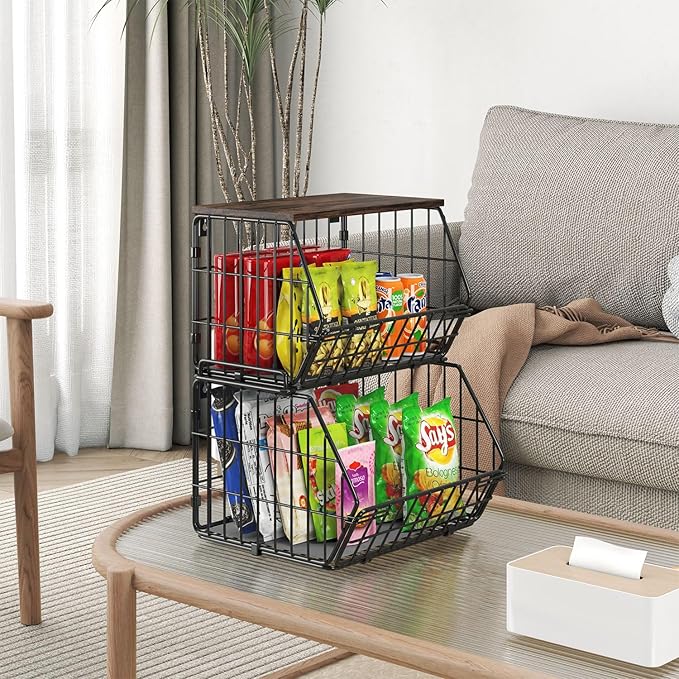 Wetheny 2 Tier Stackable Wall Mounted Wire Basket Fruit Basket with Wood Lid - Kitchen Pantry Organization and Storage, Hanging Storage Basket for fruits, Onion, Potato, Produce, Vegetable (Black)-Ruum Studio Home