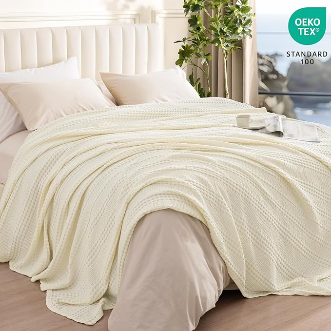 PHF Cooling Waffle Blanket Twin Size, Lightweight 60% Rayon Derived Bamboo & 40% Cotton Breathable Blanket for Hot Sleepers, Soft and Luxury for Bed Couch and Sofa, 66"x90", Ivory-Ruum Studio Home