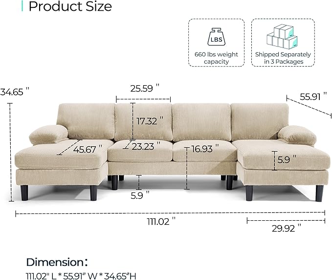 LINSY HOME Sectional Couch, 111'' W Corduroy U Shaped Sofa with Sleepable Armrests, 4 Seat Couch with Double Chaises, Deep Seat Sofa for Living Room, Beige-Ruum Studio Home