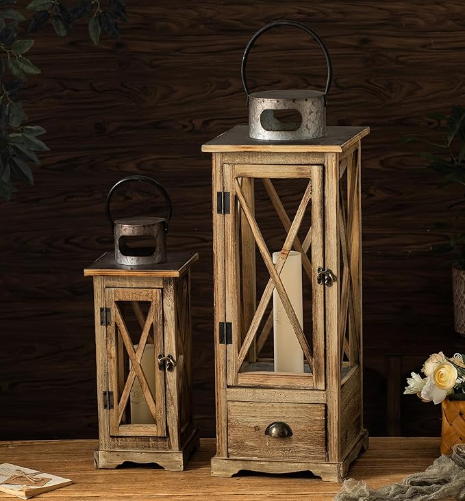 TIMRIS Large Farmhouse Wooden Candle Lantern Set of 2, Rustic Floor Candle Lanterns with Drawer, Vintage Hurricane Lantern Holder for Indoor Outdoor Decor (No Glass)-Ruum Studio Home
