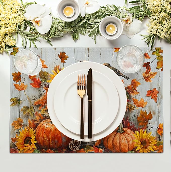 Fall Placemats 12x18 Inch Set of 4 Pumpkin Maple Leaves Sunflower Bird Linen Place Mat Burnt Orange Autumn Thanksgiving Harvest Table Mats for Party Kitchen Dining Decoration-Ruum Studio Home
