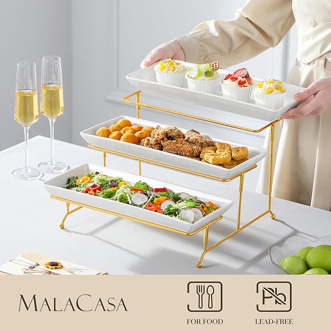 MALACASA 3 Tier Serving Trays for Party, 14 Inch Porcelain White Trays for Serving Food, Dessert Stand with Collapsible Gold Metal Rack-Ruum Studio Home