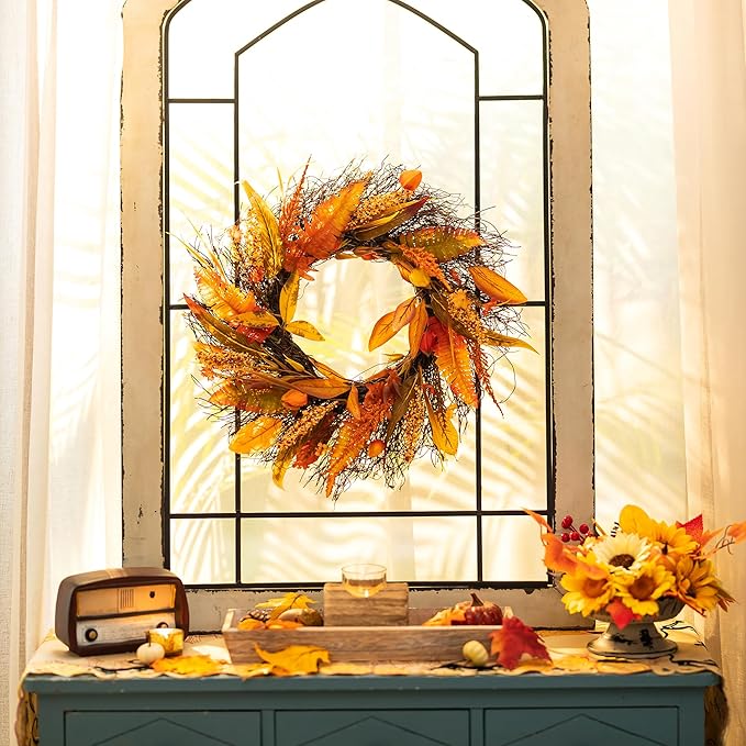 Fall Wreath for Thanksgiving Decorations 24inch - Walasis Large Wheat Wreaths for Front Door - Harvest Grain Gold Autumn Wall Decor for Indoor Outdoor-Ruum Studio Home