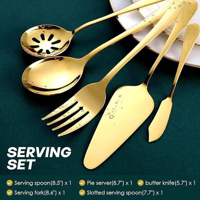 Gold Silverware Set for 8, OGORI 45-Piece Stainless Steel Flatware Set with Serving Set, Mirror Polished Cutlery Set with Serving Utensils Spoon for Kitchen Party Supply-Ruum Studio Home