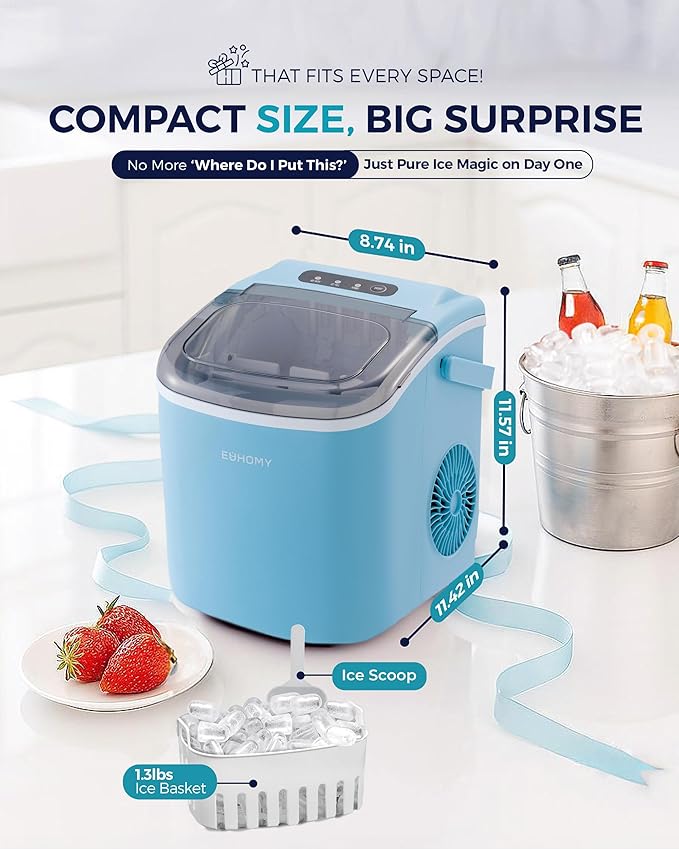 EUHOMY Countertop Ice Maker Machine with Handle, 26lbs Per Day, 9 Ice Cubes Ready in 6 Mins, Auto-Cleaning Portable Ice Maker with Basket and Scoop, for Home/Kitchen/Camping/RV (Blue)-Ruum Studio Home