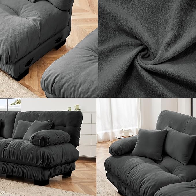 Loveseat Modular Sectional Sofa, Cloud Couch 2 Seater Sectional Couch Home Sofa Living Room Oversized Couch, Modern Deep Seat Couch with Chaise with Round Bolster Armrests 4 Pillows(Gray)-Ruum Studio Home