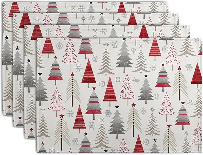 Christmas Tree Placemats Set of 4 Geometric Colorful Xmas Place Mats 12x18 Inch Seasonal Winter Holiday Farmhouse Washable Linen Table Mat for Party Kitchen Dining Decoration-Ruum Studio Home