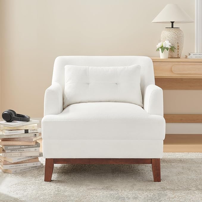 Modern Accent Chair with Terry Fabric, Upholstered Armchair with Spring Package Cushion & Solid Wood Frame, Comfy Lounge Chair for Living Room, Bedroom, or Reading Corner, Terry, White-Ruum Studio Home