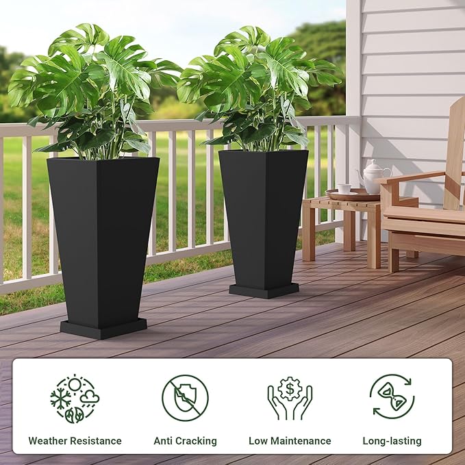 Metal Planter 30" H - 2 Pack, Tall Planters with Removable Insert Shelve & Saucer Trays, Metal Outdoor Planters for Porch, Garden, Patio, Yard (Black)-Ruum Studio Home