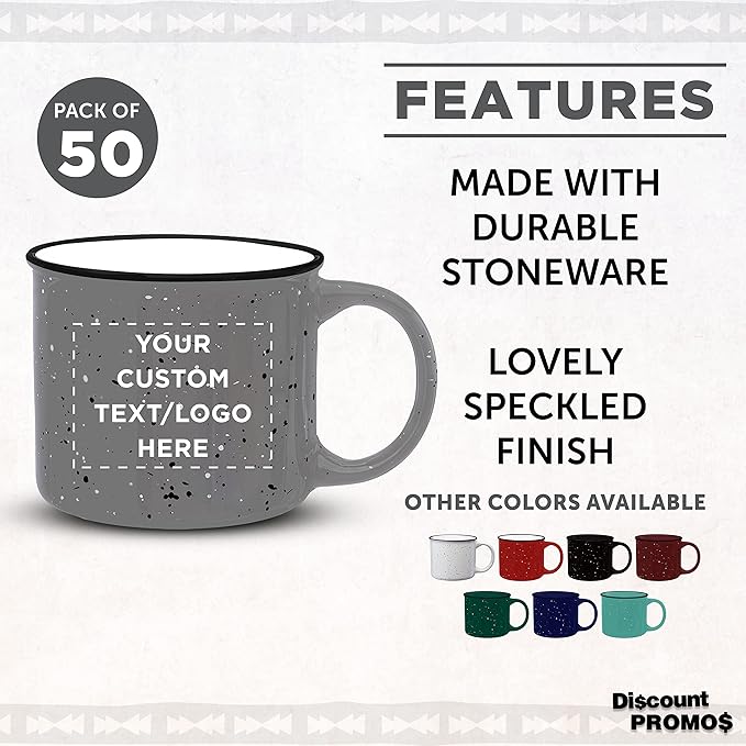 DISCOUNT PROMOS Custom Ceramic Campfire Coffee Mugs 13 oz. Set of 50, Personalized Bulk Pack - Perfect for Tea, Espresso, Cappuccino, Hot Cocoa - Grey-Ruum Studio Home