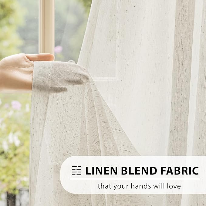 FMFUNCTEX Linen Sheer Curtains for Living Room, Beige Curtains 90 inches Long for Bedroom, Natural Flax Blend Window Draperies for Farmhouse Curtain, Rod Pocket 2 Panels-Ruum Studio Home