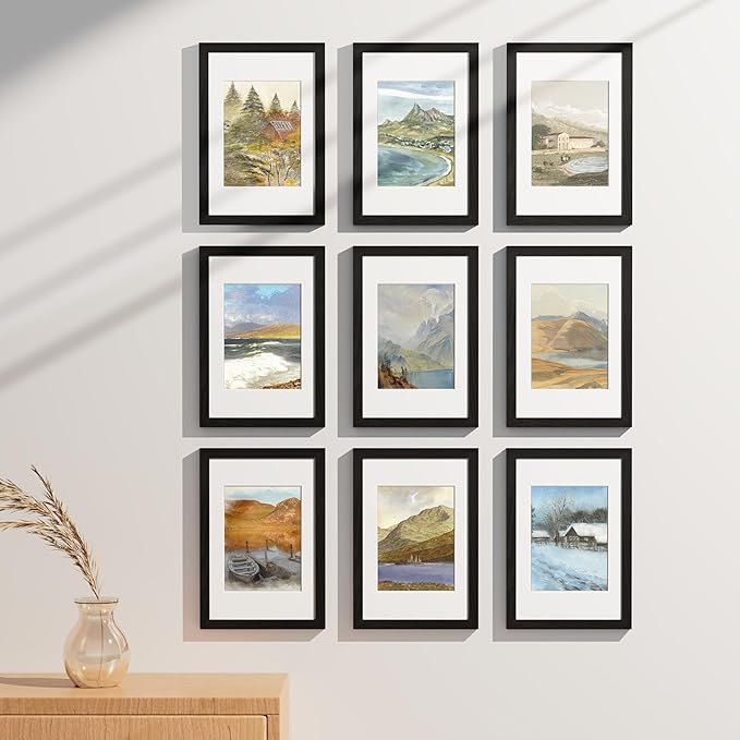 Vittanly 8x12 Picture Frames Set of 9, Shatter Resistant Plexiglass, Display 6x8 Pictures with Mat or 8x12 without Mat, Photo Frames for Wall or Tabletop, Engineered Wood, Black-Ruum Studio Home
