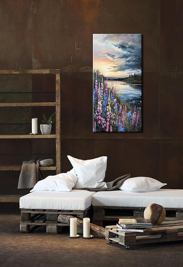 LASMOND Beautiful Colorful Grassland by Riverbank Landscape Wall Art Decor Artwork for Bedroom (24x48 Inches)-Ruum Studio Home