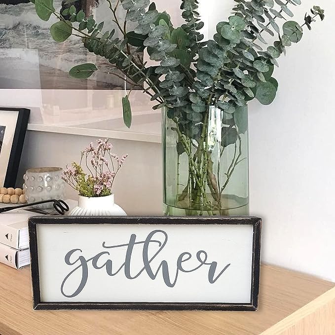 Gather Sign for Home Decor in Grey - Farmhouse Kitchen Dining Room Wall Decor - Rustic Wall Decoration Solid Wood Thick Black Frame 12x5 Inches-Ruum Studio Home