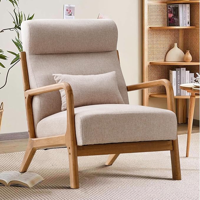 INZOY Mid Century Modern Accent Chair with High Back, Upholstered Living Room Chairs with Waist Cushion, Wood Frame Reading Armchair for Bedroom Sunroom, Beige-Ruum Studio Home