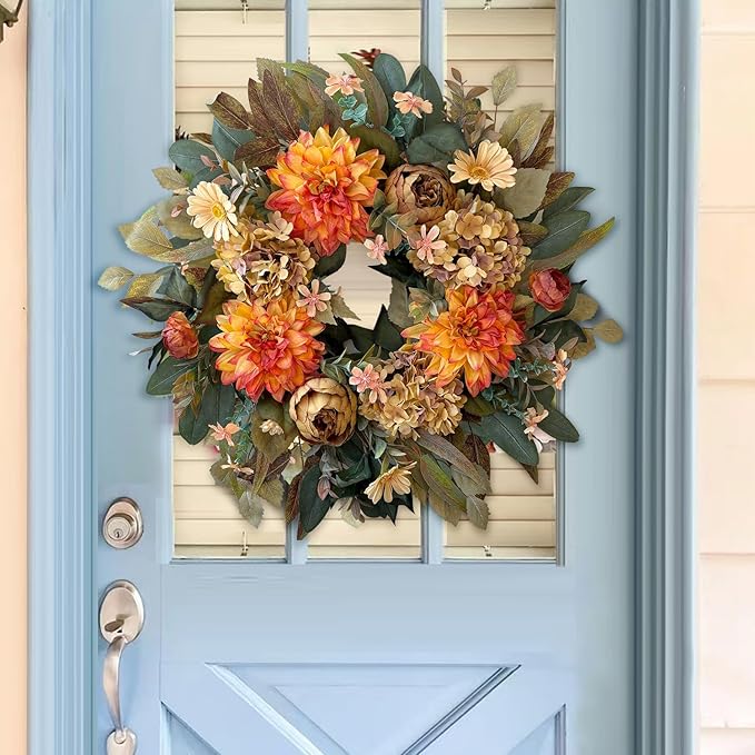 WANNA-CUL 24 Inch Spring Fall Wreaths for Front Door,Fall Wreath with Orange Hydrangea&Peony and Dahlia Flowers-Fall Decoration for Home-Large Fall Decor Door Wreath for Autumn,Harvest-Ruum Studio Home