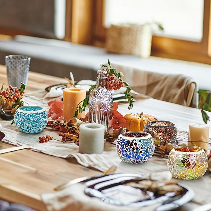 SHMILMH Mosaic Glass Candle Holder Set of 4, Votive Candle Holders Handmade Cracked Tealight Holders for Fall Christmas Diwali Home Decorations, Diwali Gift-Ruum Studio Home