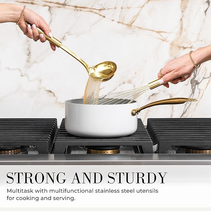 White Silicone and Gold Cooking Utensils Set with Gold Utensil Holder - 7-Piece Silicone Cooking Tools - Ideal for Nonstick Cookware and Stylish Modern Kitchens - Luxury Kitchen Accessories-Ruum Studio Home