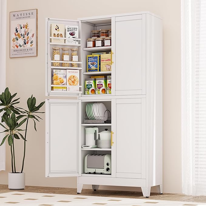 75" H Metal Storage Cabinet, Pantry with 6 Door Shelves and 4 Adjustable Shelves, Leveling Foot for Kitchen, Living Room and Dinning Room, White-Ruum Studio Home