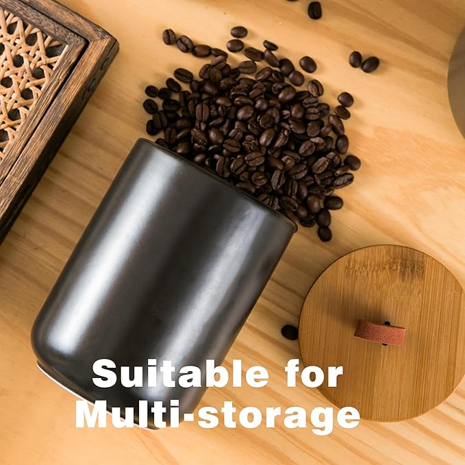 Black Ceramic Canister Set, 3pcs Ceramic Kitchen Canisters for Countertop with Airtight Wood Lids, Large Flour and Sugar Containers for Coffee, Tea, Spice-Ruum Studio Home