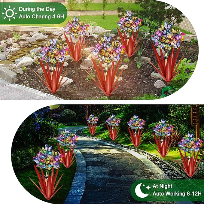 Homight Solar Metal Agave Butterfly Flower Stick Garden Sculpture - Outdoor Christmas Lights, Swaying Solar Lights Gift (2 PCS RED)-Ruum Studio Home