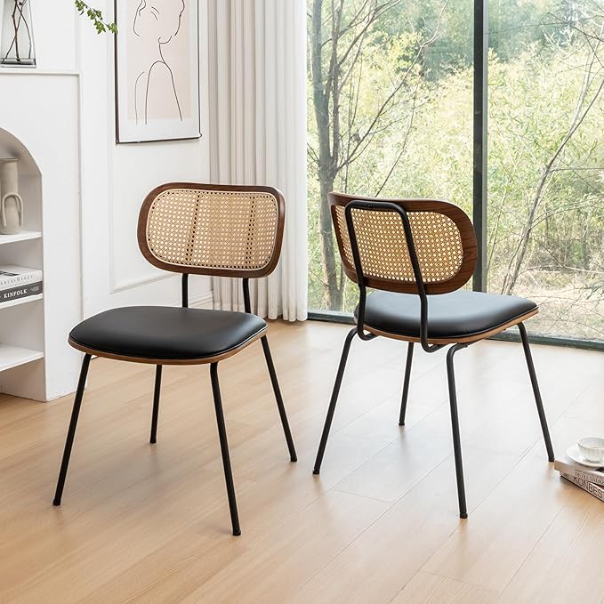 Rattan Dining Chairs Set of 4, Mid Century Modern Dining Chairs with Cane Back for Kitchen Dining Room, 19 Inch Faux Leather Black-Ruum Studio Home
