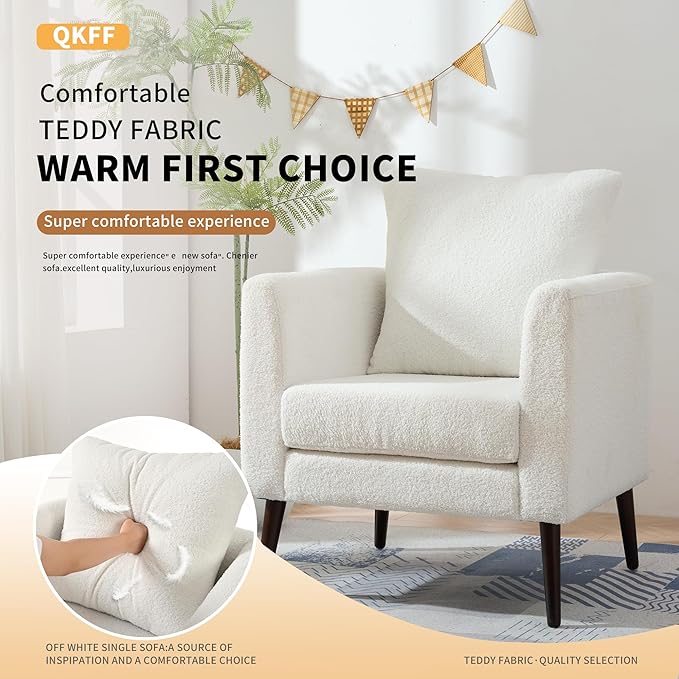 Barrel Accent Chair Set of 2 with Back Pillow, Large Teddy Upholstered Armchair with Solid Wood Legs Modern Reading Chairs for Living Room Bedroom-Ruum Studio Home