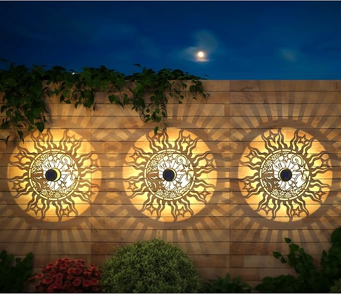 2 Pack Solar Fence Lights Metal Solar Powered Outdoor Wall Deck Lights Sun Moon Theme Waterproof Fence Light for Garden Post Patio Backyard Yard Decor (Face, 2 Pack)-Ruum Studio Home