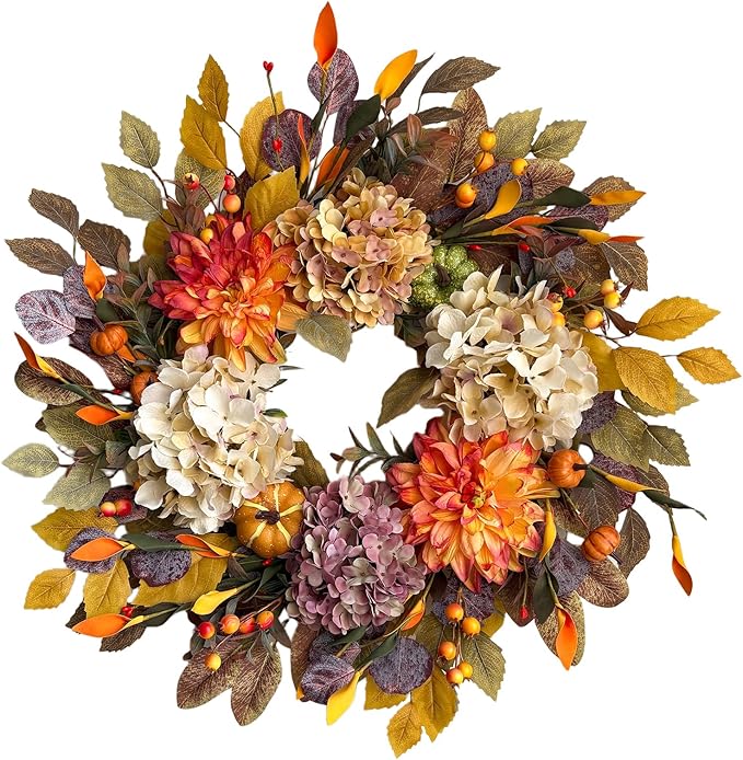 24Inch Fall Wreaths for Front Door,Fall Wreath with Beige Hydrangea,Orange Dahlia Artificial Flowers,Pumpkins,Autumn Wreaths for Harvest Thanksgiving Halloween Indoor Outdoor Home Decor-Ruum Studio Home