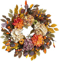 24Inch Fall Wreaths for Front Door,Fall Wreath with Beige Hydrangea,Orange Dahlia Artificial Flowers,Pumpkins,Autumn Wreaths for Harvest Thanksgiving Halloween Indoor Outdoor Home Decor-Ruum Studio Home