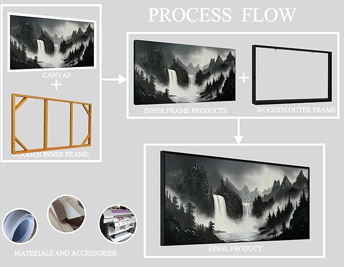 Hand Painted Mountains Painting for Living Room - Waterfall Canvas Wall Art for Office - Large Framed Wall Art Bedroom Size 29" x 59"-Ruum Studio Home