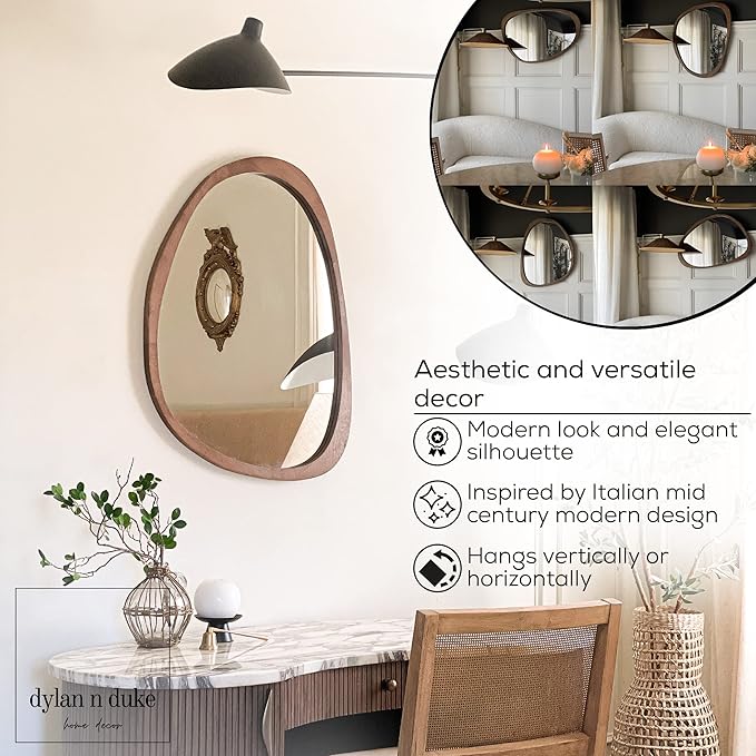 Irregular Wood Frame Boho Mirror - Large Wall Mounted Accent, Asymmetrical, Modern Aesthetic Wall Decor for Bedroom, Entryway, Living Room, Bathroom (Brown)-Ruum Studio Home