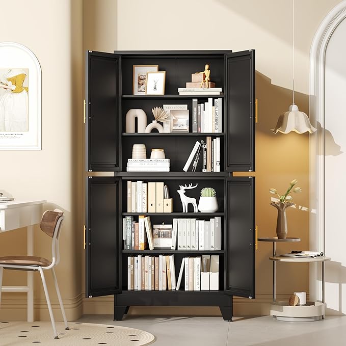 75.2" Tall Metal Pantry Cabinet, Storage Cabinets with 4 Door and 4 Adjustable Shelves, Black Kitchen Pantry Storage Cabinet, Freestanding Cupboard for Kitchen Dining Room Living Room Bathroom-Ruum Studio Home