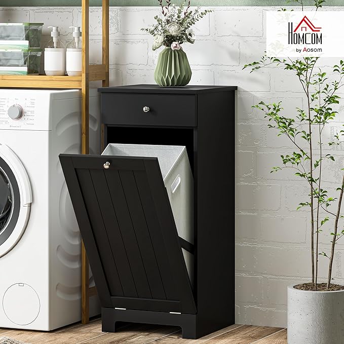 HOMCOM Laundry Hamper with Removable Basket, Tilt Out Hamper with Drawer and Beadboard Door, Bathroom Storage Cabinet, Black-Ruum Studio Home