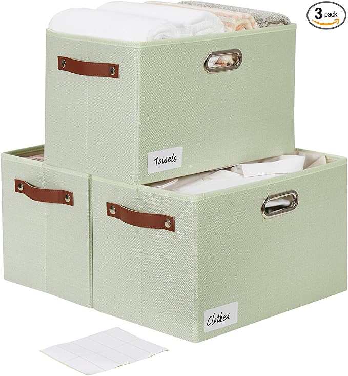 Large 3-Pack Foldable Fabric Storage Bins with Durable PU & Metal Handles, Collapsible Storage Baskets for Shelves, Home Storage, Closet Organizers, Living Room(14.9"x9.8"x9.8", Sage Green)-Ruum Studio Home